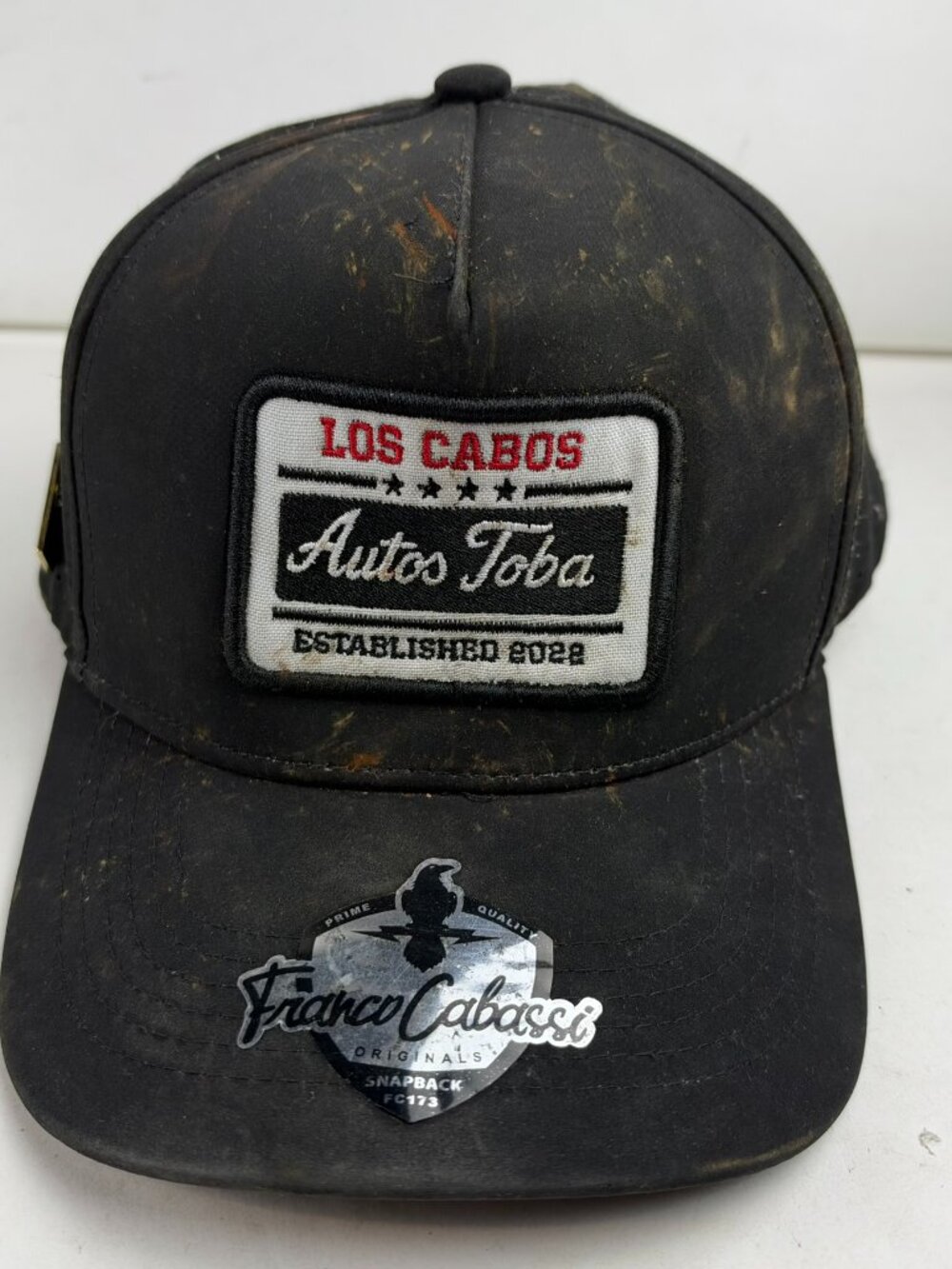 Franco Cabassi Snapback Hat Los Cabos Autos Toba Black Distressed Stained Flaws